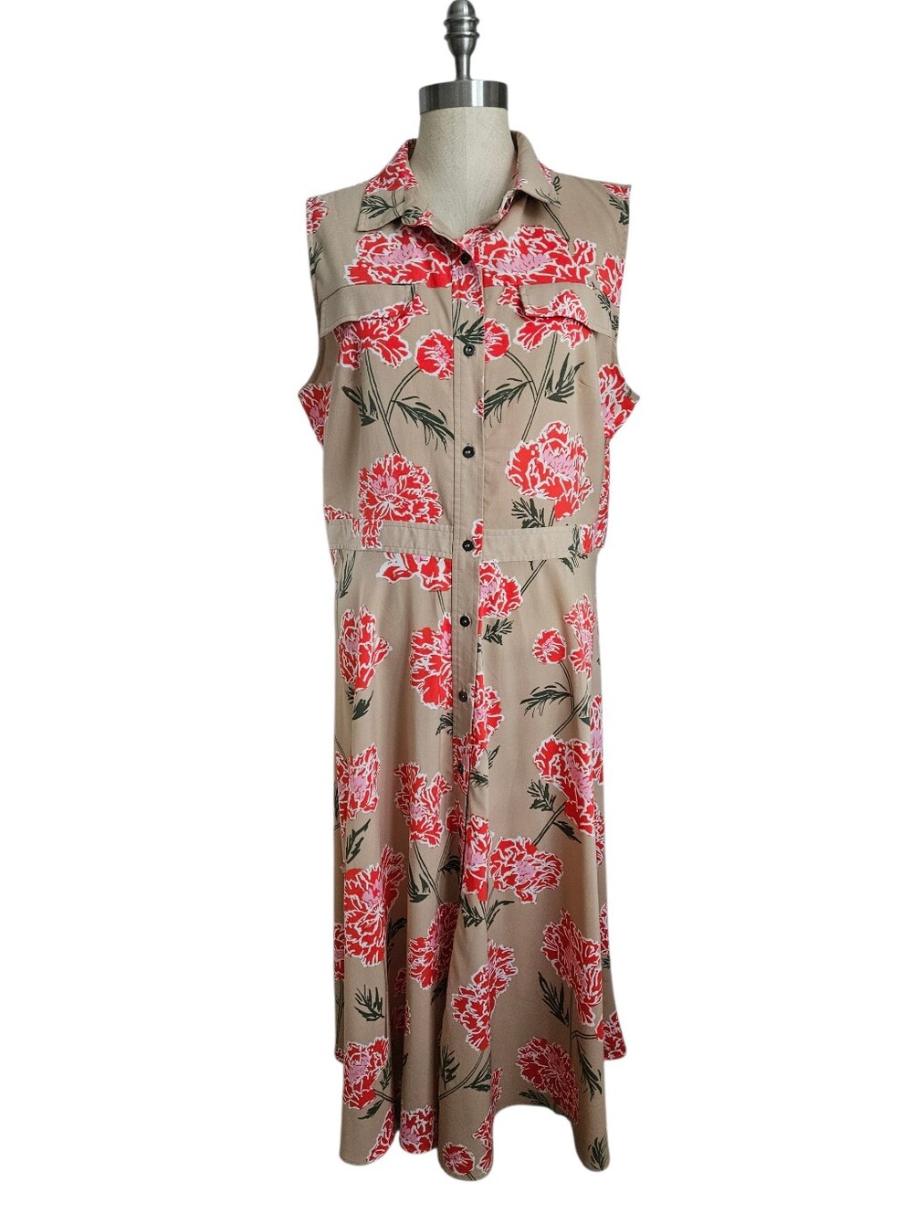 BANANA REPUBLIC FACTORY Tan Pink Floral Button Down Midi Dress | SZ 14